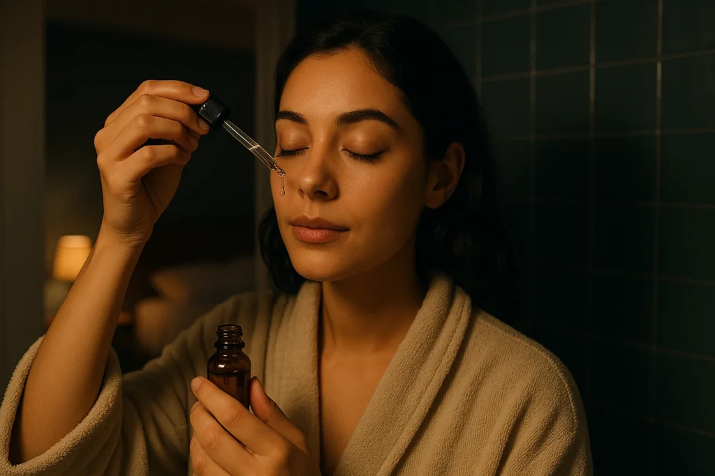 How to Get Naturally Glowing Skin at Home – Step-by-Step Guide for Lasting Results 5 Applying night serum on face with dropper before bedtime for skin regeneration