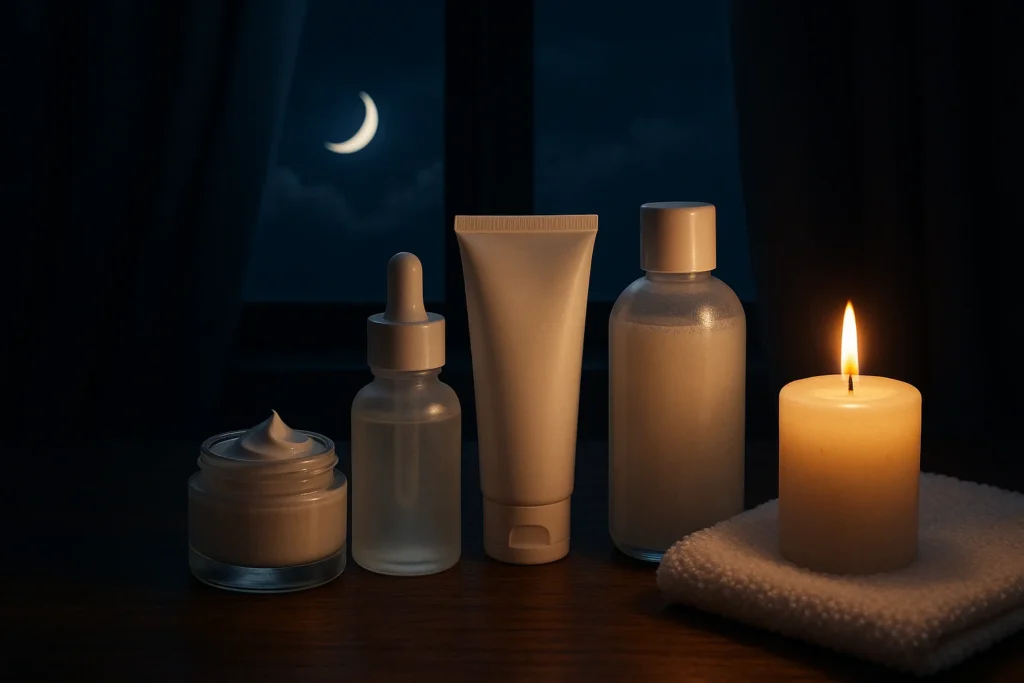 How to Get Naturally Glowing Skin at Home – Step-by-Step Guide for Lasting Results 2 Woman applying skincare at night in warm lighting, showing calm nighttime skincare routine
