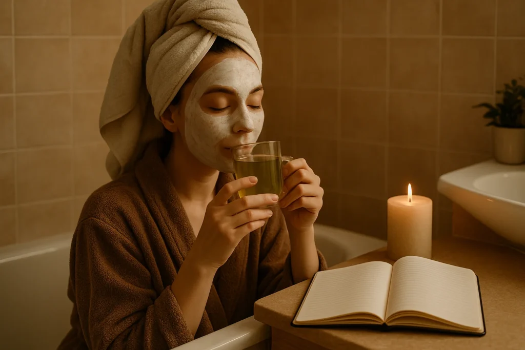 5 DIY Face Masks for Glowing Skin – Natural Remedies That Work Fast 6 Woman enjoying a self-care moment with a DIY face mask, green tea, candle, and relaxing skincare ambiance