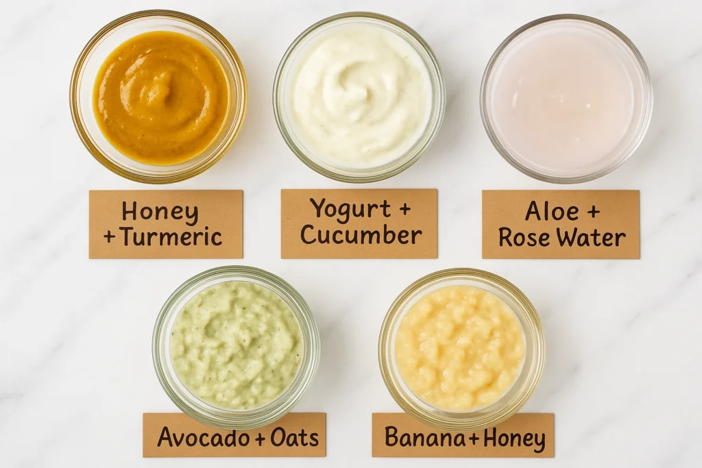 5 DIY Face Masks for Glowing Skin – Natural Remedies That Work Fast 4 Top-down view of 5 natural DIY face masks made with ingredients like turmeric, yogurt, banana, and rose water in glass bowls