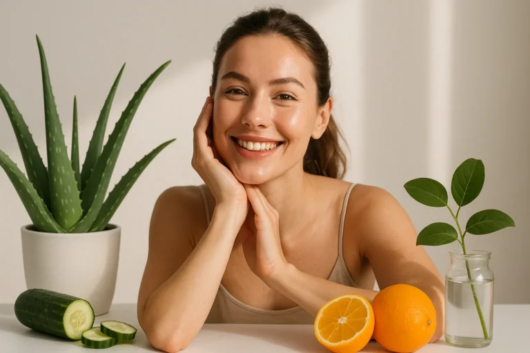 Woman with glowing skin surrounded by natural skincare ingredients like aloe, cucumber, and oranges in soft natural light