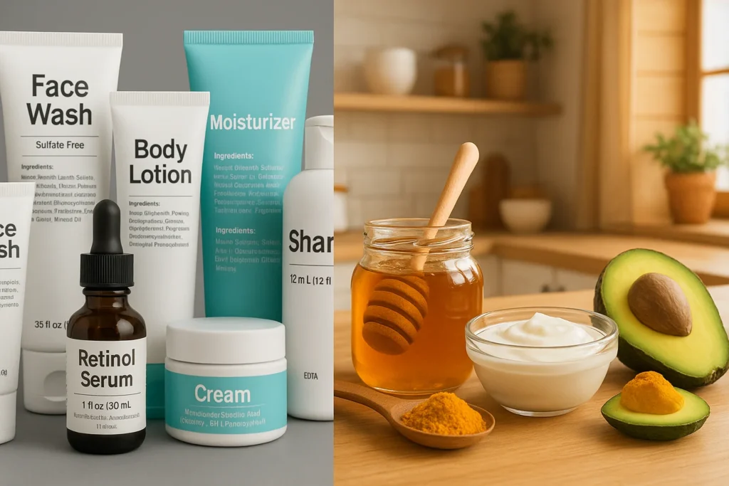 5 DIY Face Masks for Glowing Skin – Natural Remedies That Work Fast 3 Comparison between chemical skincare products and DIY natural ingredients like honey, turmeric, and avocado