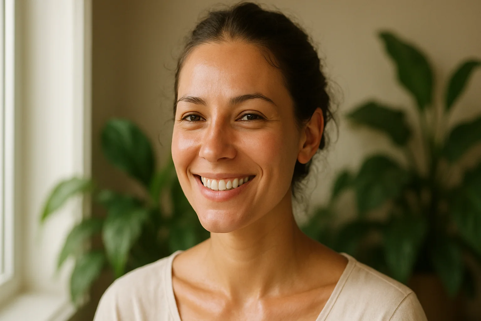 Naturally glowing skin woman at home